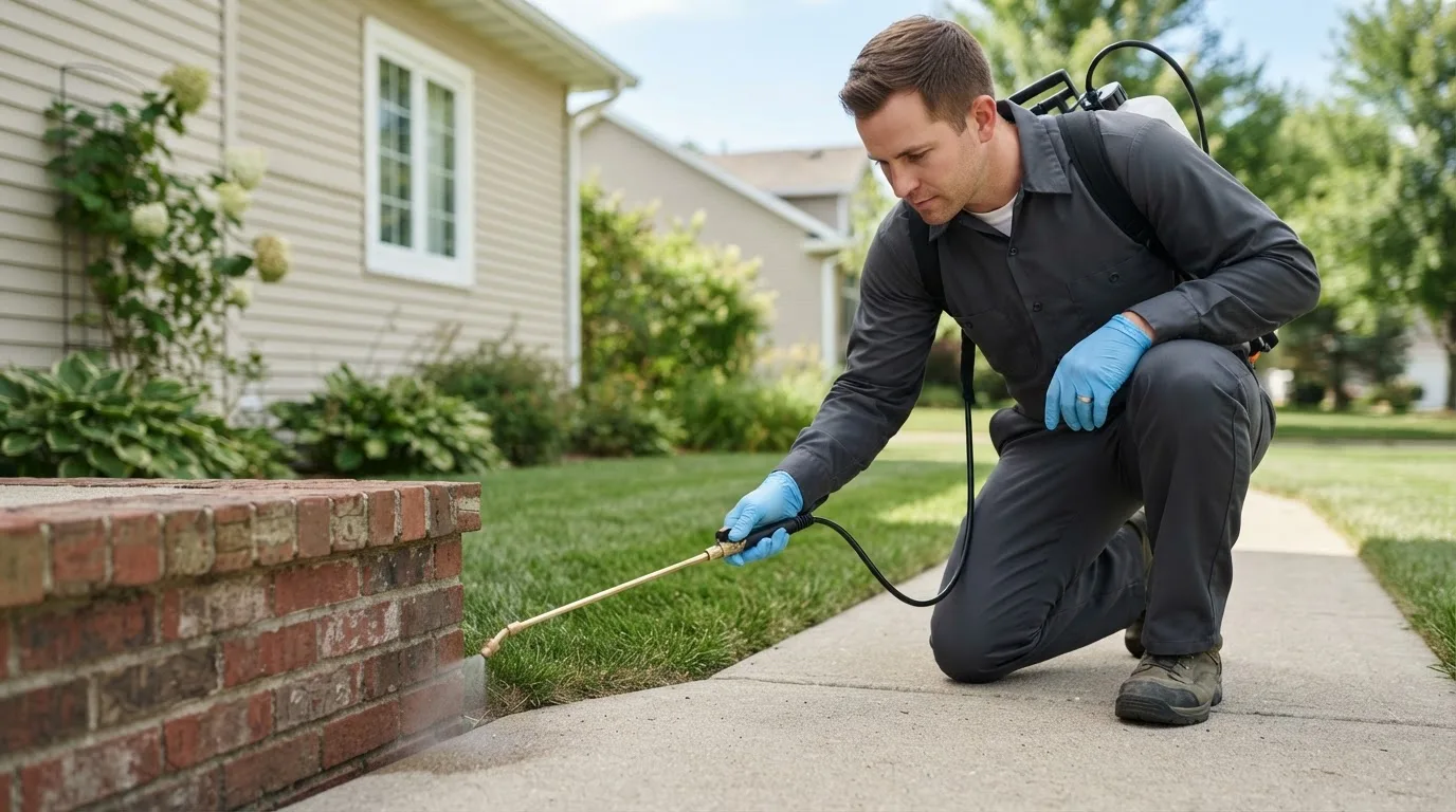 Pest control technician treating a home near Canehill, AR